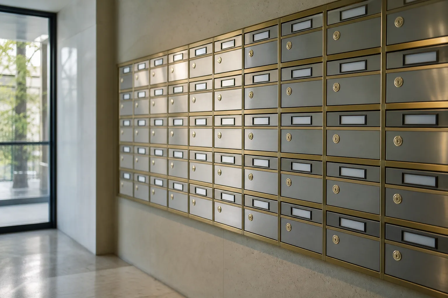 Rangée de boîtes aux lettres professionnelles dans le hall d’un immeuble de bureaux
