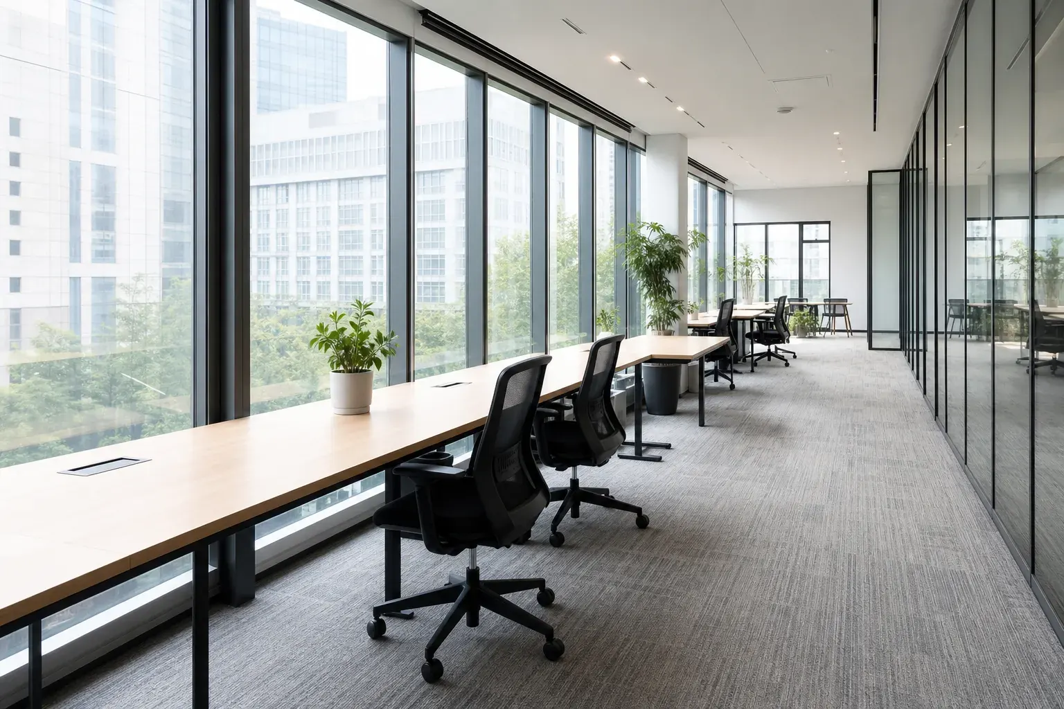 Espace de bureau partagé lumineux et vide, plans de travail alignés le long d’une baie vitrée