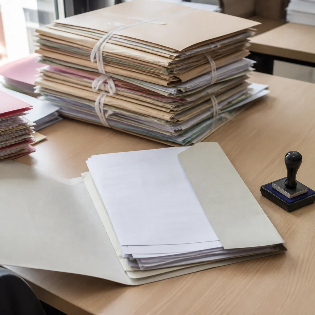 Pile de dossiers administratifs et tampon encreur posés sur un bureau