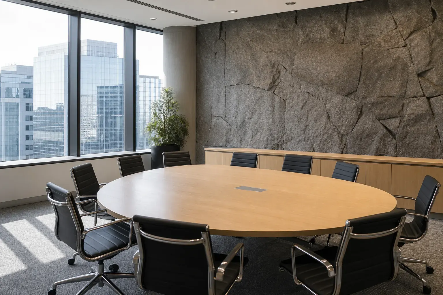 Salle de réunion vide, table ovale en bois clair et grande baie vitrée